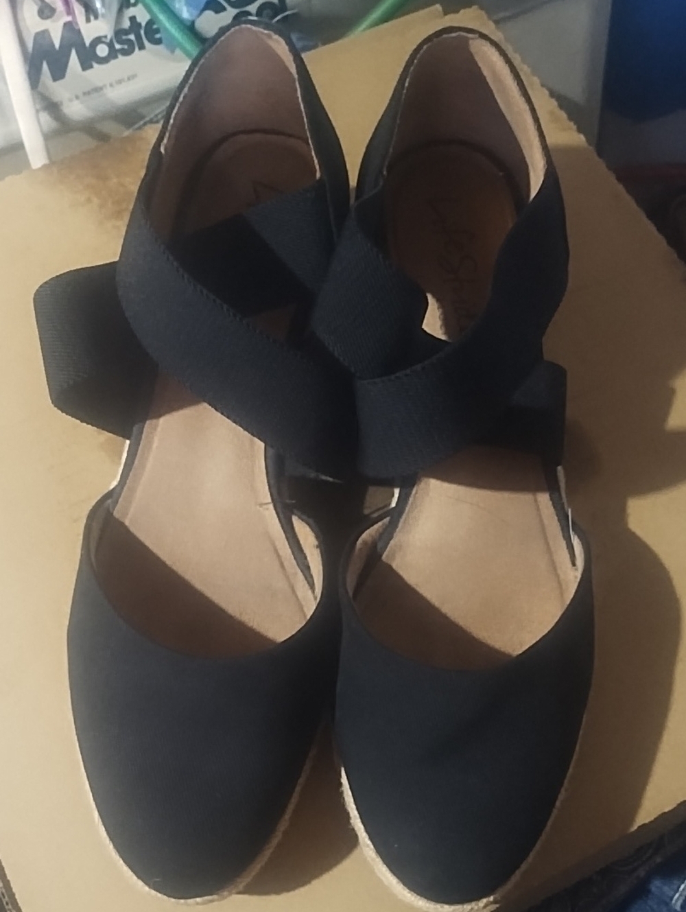 Clarks Black Espadrille Wedge Flats with Cross Elastic Straps Lifestride